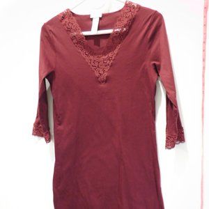 Hanro Long Sleeve Mini Dress/ Nightgown, Lace Edges, RED, Women's XS